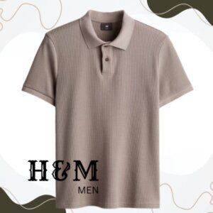 H&M Slim-Fit Waffle Polo – Men's Dark Taupe XL – Like New!